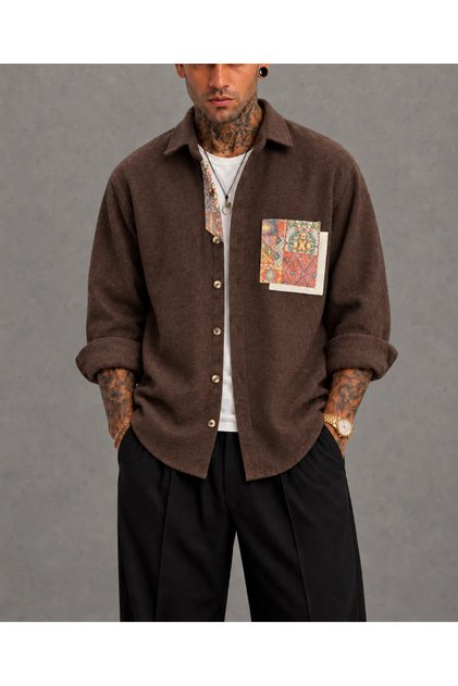 Oversize Bohemian Cotton Stamp Brown Shirt