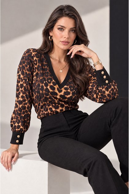 Women's Long Sleeve V-Neck Button Detail Leopard Pattern Blouse