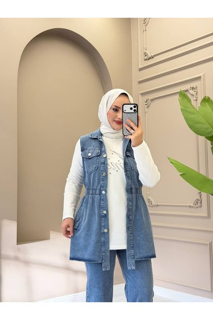 Women's 3-Piece Denim Set – Modern Hijab Casual Combination with Buttoned Pockets N-05542 _ White