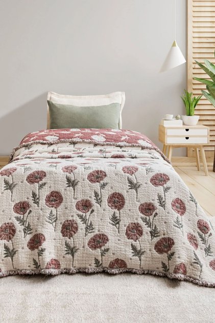 100% Cotton 7 Layer Muslin Single Quilt – Poppy Pattern – Tile
