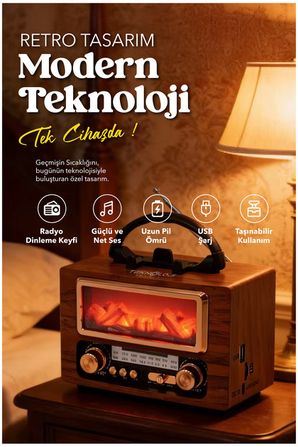 Şömine Görünümlü Nostaljik Retro Radyo - Bluetooth & USB Destekli NS-901BT