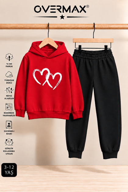 Double Heart Printed Children's Hooded Sweatshirt Tracksuit Set – Ages 3-12
