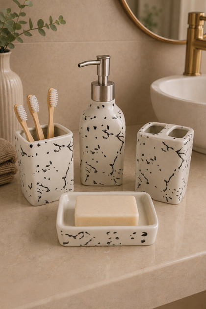 4 Parça Seramik Banyo Seti Beyaz Desenli JY013