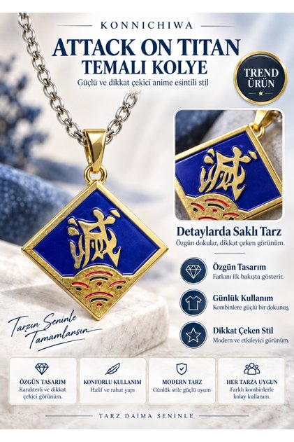 Attack on Titan Themed Blue Gold Anime Necklace – Square Figured Design