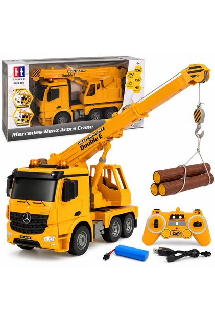 Camion cu macara RC Mercedes-Benz Arocs cu licenta, Double E E526-003, 1:20, 2.4 GHz, brat si carlig controlabile, lumini si sunete, 6 ani+