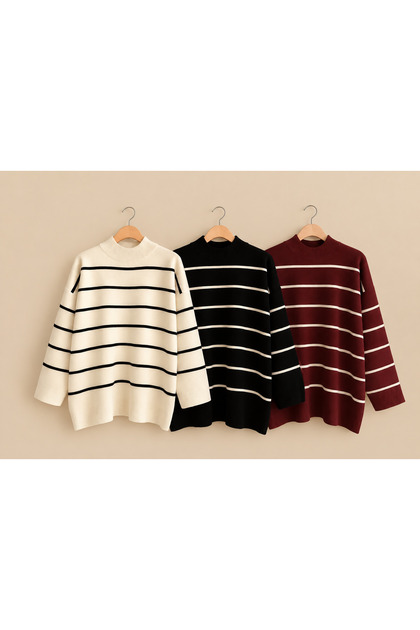 Women's Striped Oversize Knitwear Sweater Turtleneck Winter Sweater