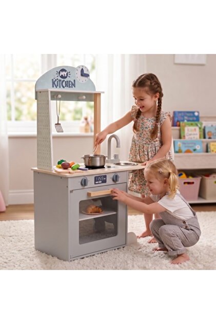 Bucatarie din lemn copii, Moni Toys, varsta 3 ani+, chiuveta, cuptor, ceas de joc si 4 accesorii