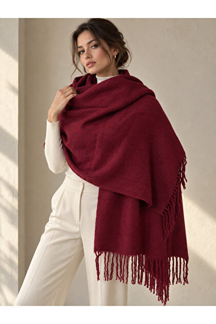 Bordo 200x70 cm Kadın Yumuşak Dokulu Püsküllü Düz Renk Omuz Şalı SAL1333