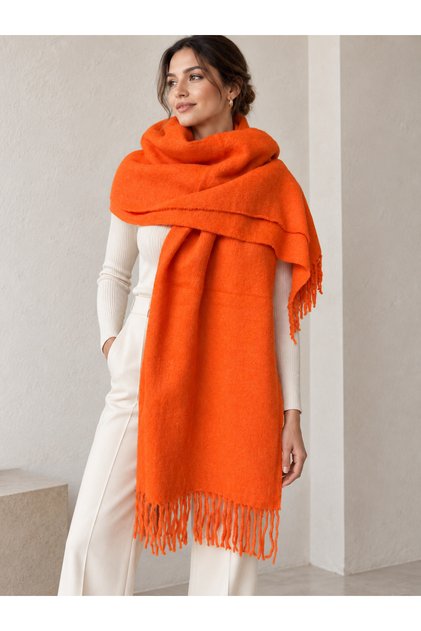 Orange 200X70 cm Women's Soft Textured Tasseled Solid Color Shoulder Shawl Sal1333