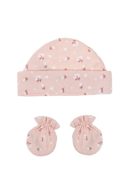 Set din Bumbac cu Caciulita & Manusi Somon Floral pentru Nou Nascut