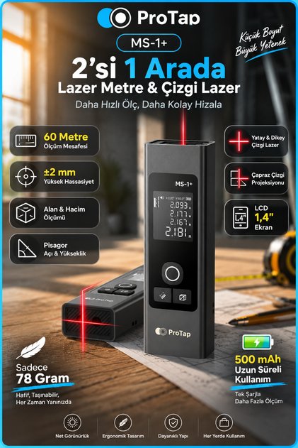 MS-1+ 60 Metre Lazer Metre, Çizgi Lazerli Dijital Mesafe Ölçer, Lazer Terazi, Alan Hacim Pisagor Ölçüm