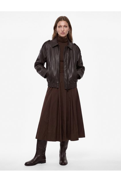 Long Sleeve Epaulettes Pocketed Zippered Faux Leather Oversized Bomber Jacket