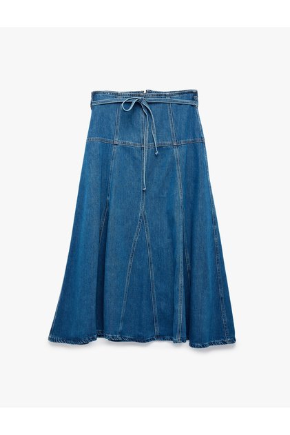 Lace-Up Flared Cut Comfortable Fit Flounced Long Denim Skirt