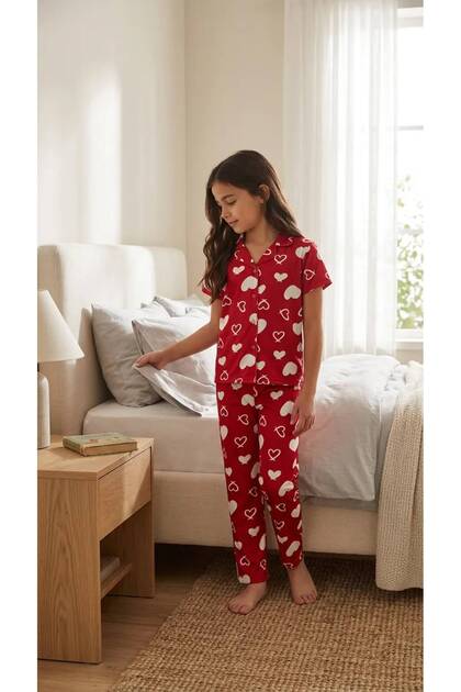 Girl's Short Sleeve Heart Satin Red Pajama Set