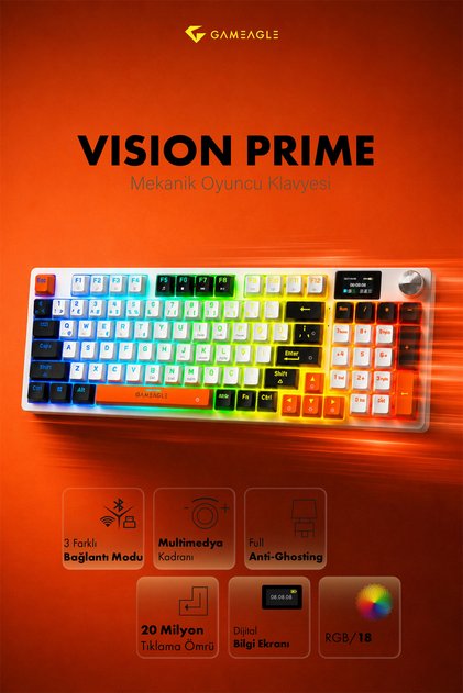 Vision Prime Dijital Ekranlı Kablosuz 2.4Ghz/Bluetooth + 3 Mod RGB Mekanik Oyuncu Klavyesi Mix V1