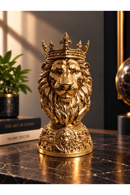 Taçlı Aslan Biblo Dekoratif Heykel Gold Aslan Figürü Ev Ofis Dekorasyonu Hediyelik