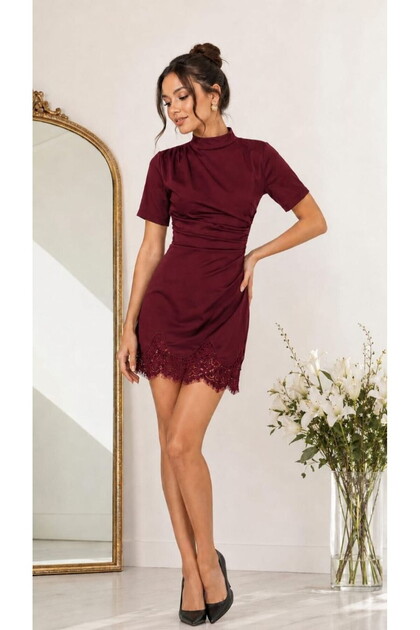 Women's Burgundy High Neck Short Sleeve Lace Hem Detailed Draped Mini Evening Dress
