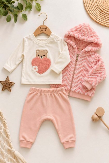 Baby Girl Teddy Bear Heart Embroidered Top Plush Hooded Zigzag Patterned Cardigan and Sweatpants 3-Piece Set 3-