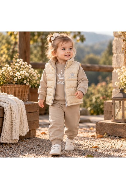 Compleu fetita 3 piese bumbac cu vesta matlasata bluza princess si pantaloni bej
