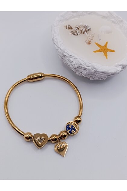 Heart, Diamond and Moon Charmli, Gold Steel, Magnetic Bracelet