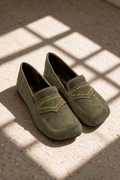 Royn Olive Green Women's Genuine Leather Suede Loafer Shoes