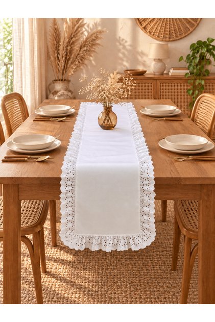 Fistolu Fırfırlı Duck Keten Vintage Stil Runner & Nakışlı Runner ( 40 x 140 cm )