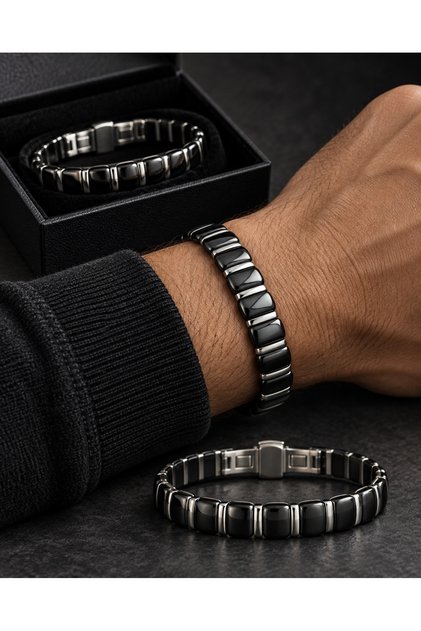 4047 Siyah Gümüş Detaylı Erkek Bileklik Seramik ve Çelik Model