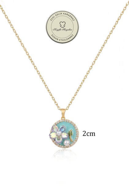 Steel Necklace - 2cm Pearl and Water Green Flower 316L Steel Necklace Non-Tarnish Non-Fade 41+5cm