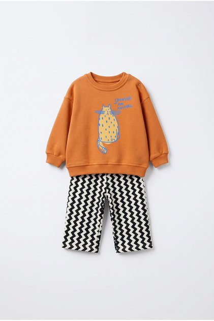 Children's Cotton Cat Printed Orange Sweatshirt and Sweatpants Set
