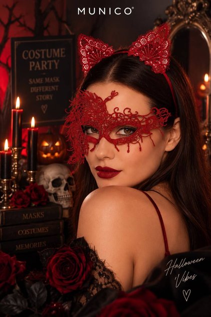 Kedi Kadın Kostüm Aksesuarı Kırmızı Dantel Maske ve Kulaklı Taç Halloween Parti Seti