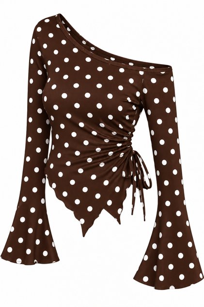 Polka Dot Long Sleeve Asymmetric Collar Draped Side Tie Blouse Top