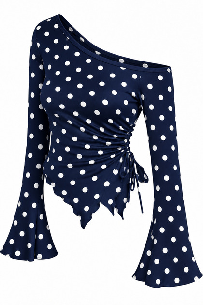 Polka Dot Long Sleeve Asymmetric Collar Draped Side Tie Blouse Top