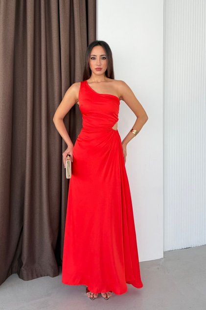 Red One-Shoulder Long Dress with Window Detail