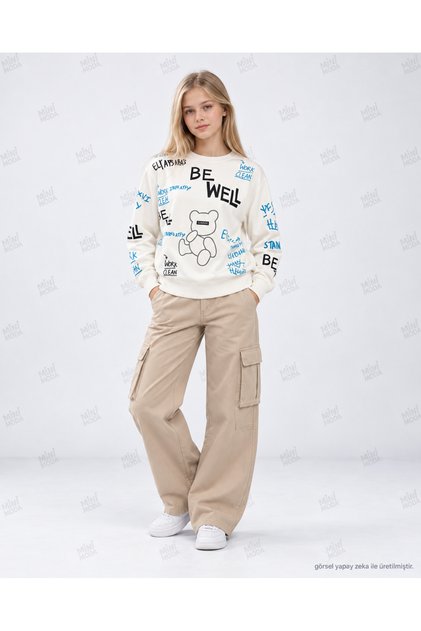 Kız Çocuk Ayıcık Baskılı Krem Sweatshirt