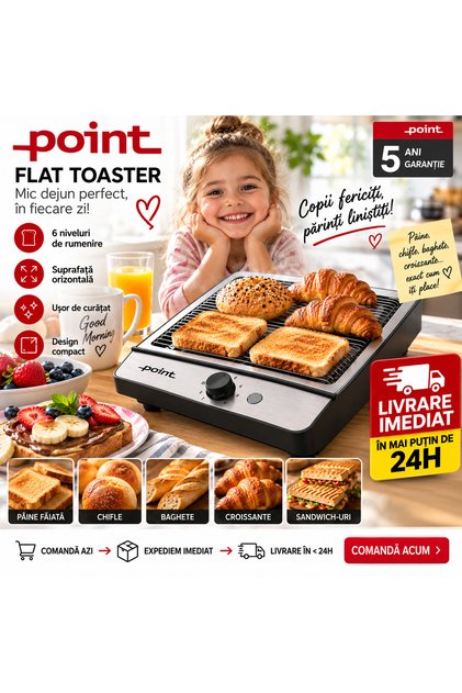 Prajitor de Paine Plat Flat Toaster, 6 Niveluri de Rumenire, Gratar Orizontal pentru Paine, Chifle, Baghete si Croissante