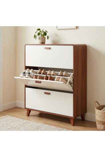 Slim 3‑Flip‑Door Shoe Cabinet, Space‑Saving Tipping Shoe Storage Cabinet, Freestanding Large‑Capacity Entryway Shoe Organizer For Home