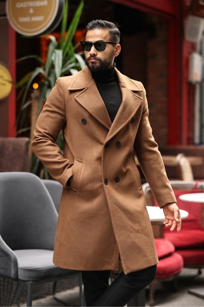 Men's Tan Double Breasted Stamp Coat