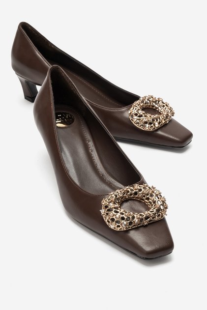 Marte Brown Leather Buckle Women's Low Heel Shoes