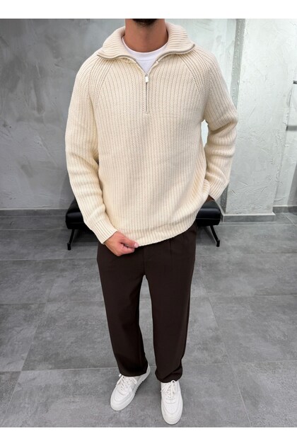 Half Zipper Reverse Knit Ecru Sweater