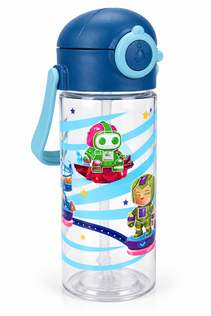 Transparent Sports School Unbreakable Polycarbonate Water Bottle, Lockable Lid, Picture Figured Water Bottle with Straw 400 ml