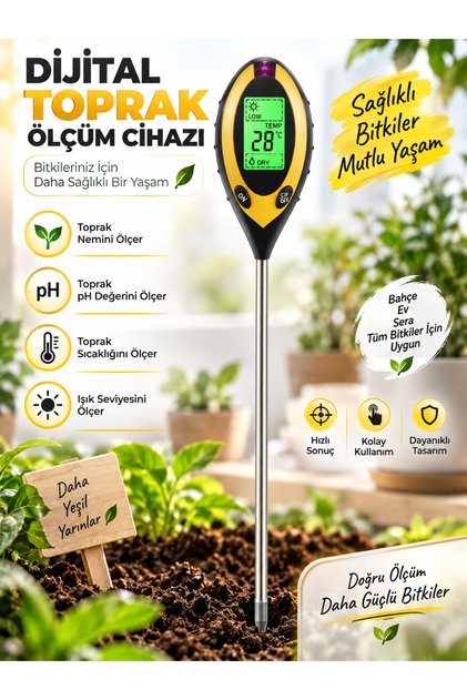 Dijital Toprak Ölçüm Cihazı – Nem, pH, Sıcaklık ve Işık Test Cihazı