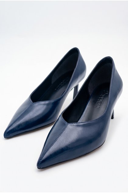 Women's Kitten Heeled Shoes with Sewing Detail in Navy Blue for Daily Wear