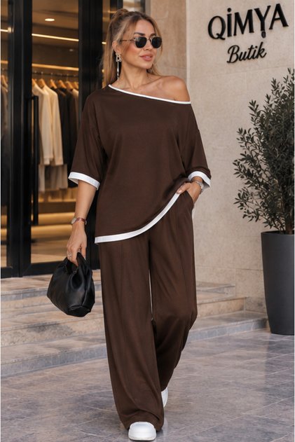 Buketli̇ Women's Three-Quarter Sleeve Boat Neck Piping Detailed Sweatshirt and Elasticated Loose Trousers Set Two-Piece Ta