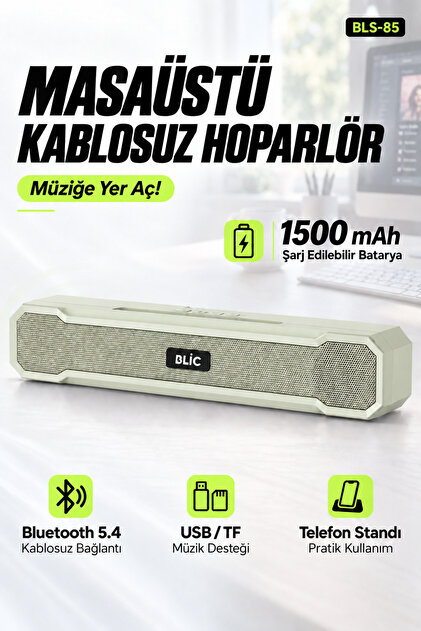 BLS-85 Bluetooth 5.4 Masaüstü Soundbar Hoparlör Beyaz, Telefon Standlı, 1500 mAh Şarjlı, USB ve