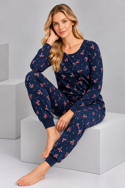 Women's Navy Blue Candy Cane Patterned Cotton Pajama Set