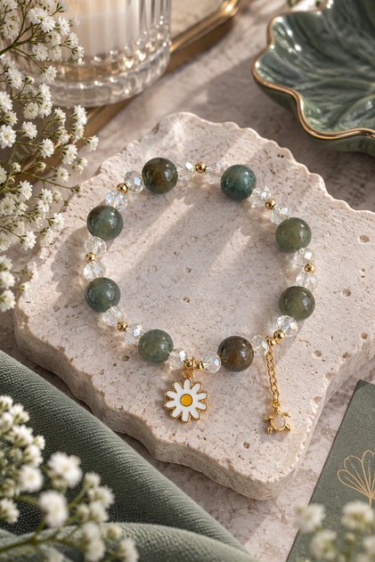 Misty Green Beaded Daisy & Turtle Charm Bracelet (Gold Color)