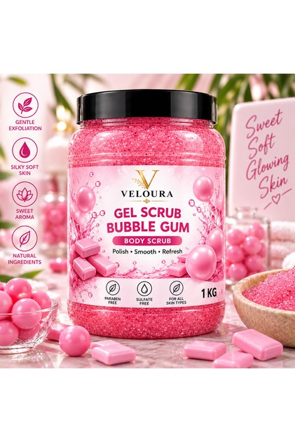 BUBBLE GUM GEL SCRUB 1KG – SWEET & REFRESHING EXFOLIATING BODY SCRUB FOR HANDS, FEET & BODY