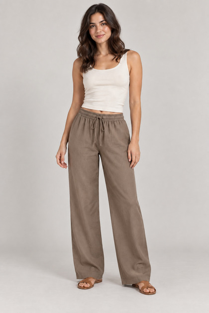 Women's Linen Trousers with Elastic Waist, Lace-Up, Wide Legs, Side Pockets, Mink