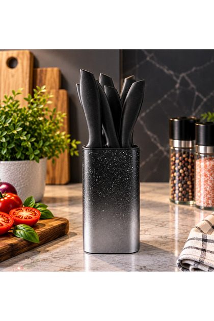 7 Parça Standlı Mutfak Bıçak Seti – 6 Adet Gökkuşağı Renkli Çelik Bıçak + Bıçak Standı