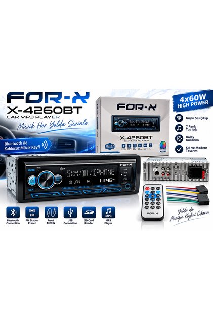 Teyp – X-4260BT Teyp - Çift Amfi Çıkışlı , 4x60w , Bluetoothlu , 7 Renk Oto Teyp